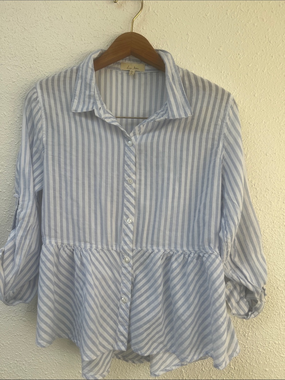 Striped Peplum Button-Up Shirt - Light Blue and White